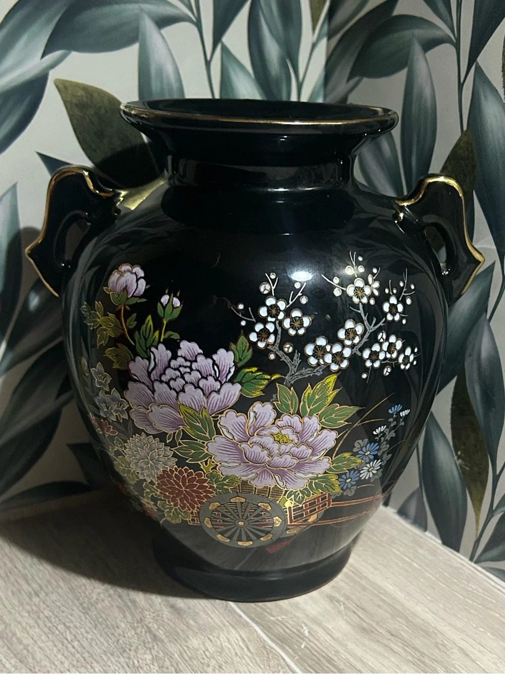 Vintage Japanese Fine China Black Porcelain Floral Urn Vase